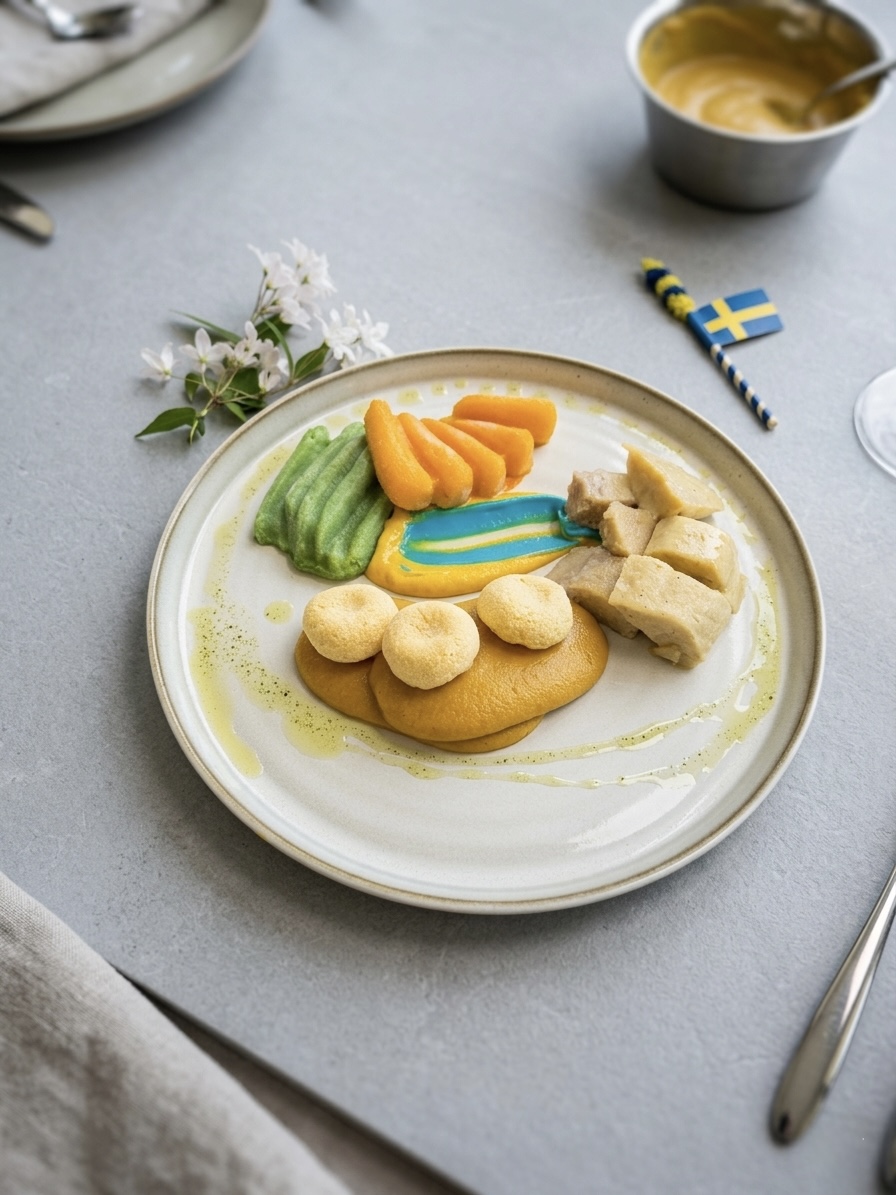 Färgstark konsistensanpassad måltid med grönsaker, kyckling och sås